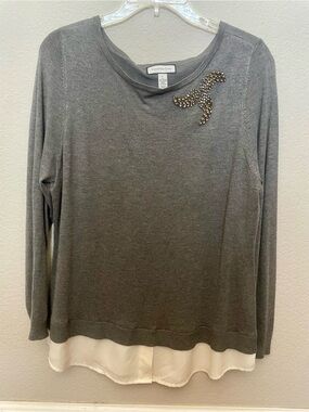 Charter Club Grey Knit Layered Sweatshirt with Beaded Accent